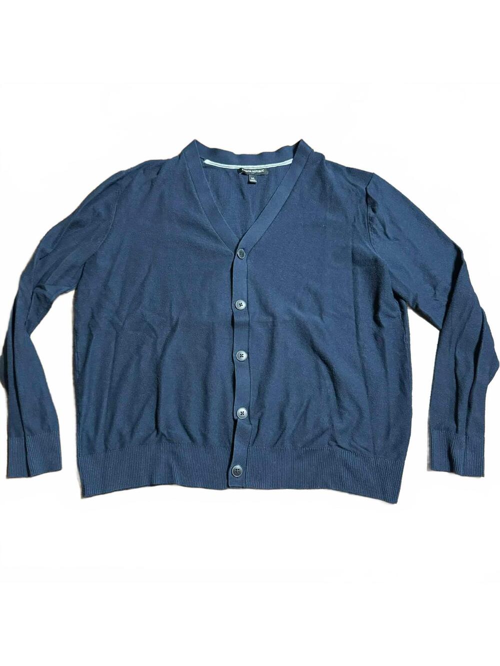Banana Republic Mens V-Neck Cardigan Sweater XL Navy Blue Silk Blend Button
